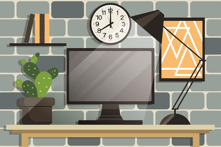 Vector home office concept workspace computer monitor mouse table lamp cactus books and wall posters