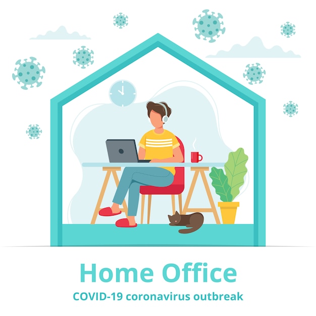 Vector home office during coronavirus outbreak concept, male employee works from home.