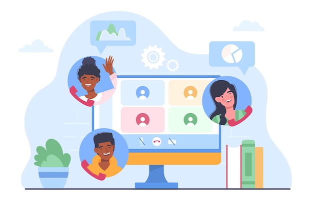 Home office online concept Man and women working on common project Video call and conference Collaboration and cooperation teamwork on internet Cartoon flat vector illustration