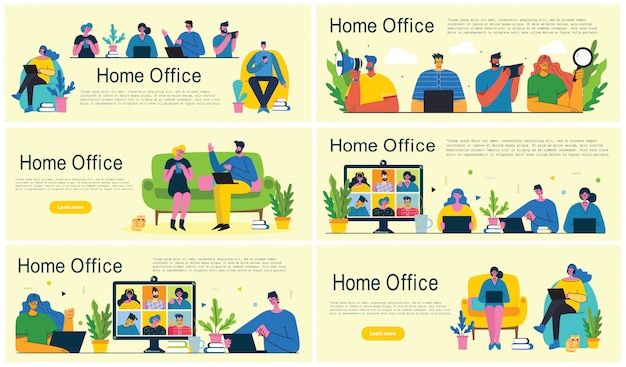 Ufficio a casa. lavorare a casa, spazio di coworking, webinar, illustrazione di stile piano di vettore di concetto di videoconferenza