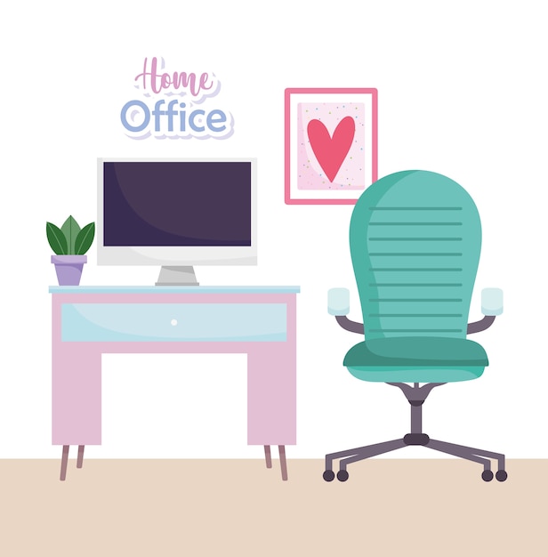 Vector home office workplace chair table with computer plant decoration illustration