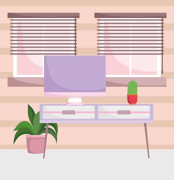 鉢植えの植物と窓のあるテーブルのホームオフィス職場コンピューター画面。
