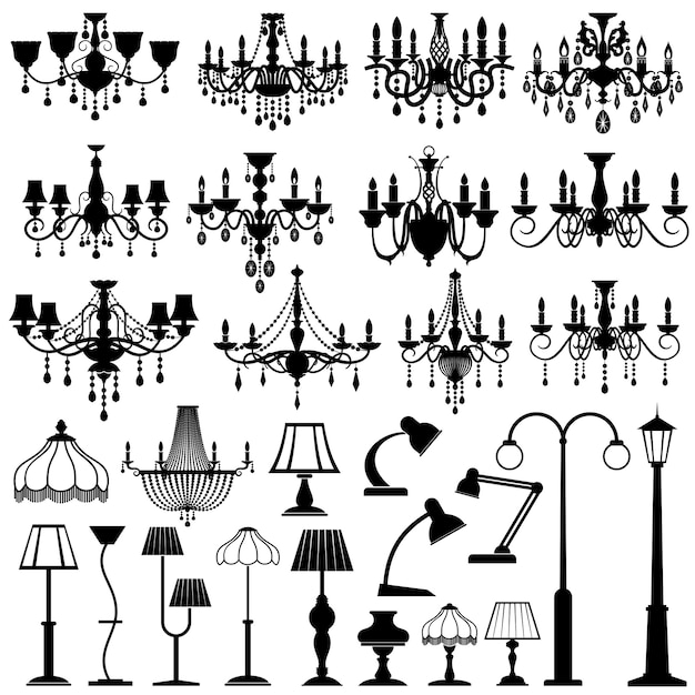 Vector home and outdoor lightning, lamps and chandeliers set