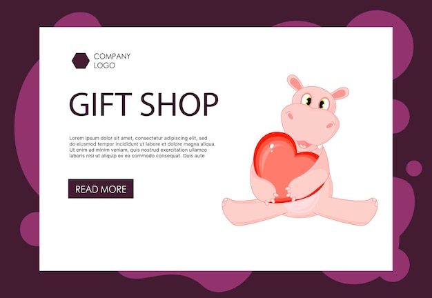 Home page Valentine's Day template with cute hippo. Cartoon style. Vector illustration.