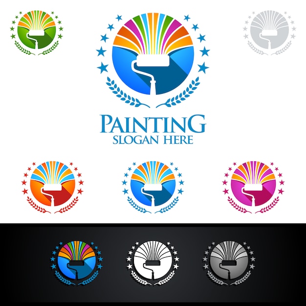 Home Painting Logo with Paint Brush and House Concept