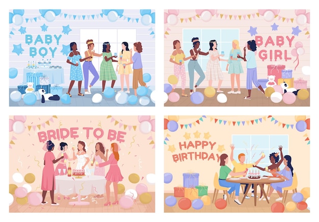 Set di illustrazioni vettoriali a colori piatti per feste a casa baby shower festa di compleanno addio al nubilato notte 2d personaggi dei cartoni animati semplici pack festa con stanza decorata su sfondo fredoka un font utilizzato