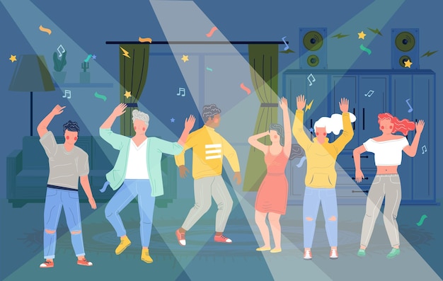 Home party Happy people friends dancing taking rest and having fun vector flat illustration Birthday party home discotheque