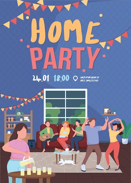 Vector home party poster flat  template home activity with friends and family