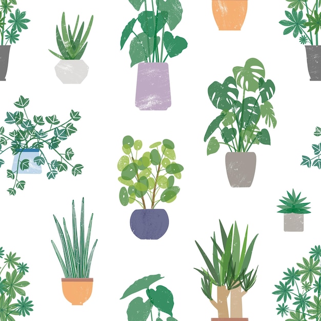 Home plants in ceramic pots vector seamless pattern. domestic\
flowers colorful texture. exotic houseplants in flowerpots color\
drawing. creative textile, wallpaper, wrapping paper design.