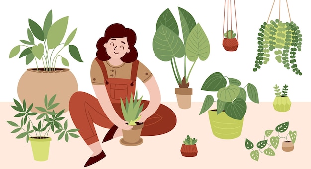 Home plants composition joyful woman smiles as she cultivates green plants and flowers vector illustration