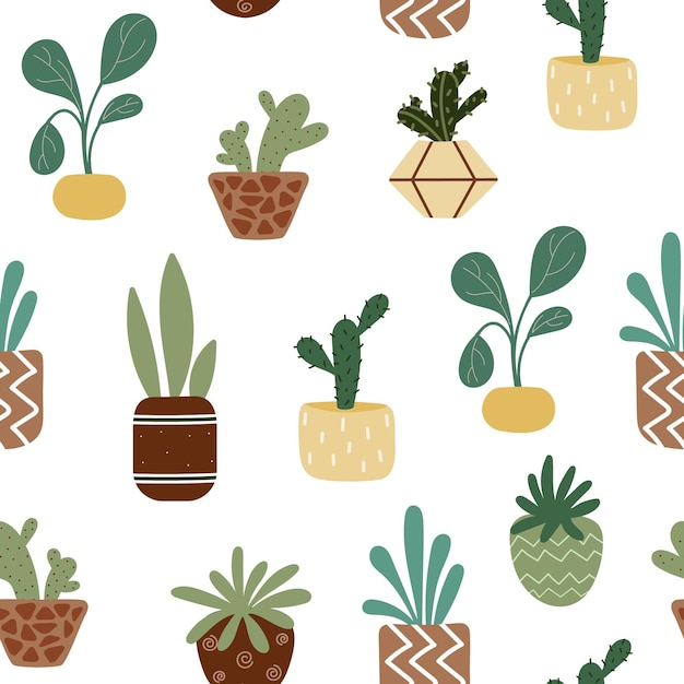 Home potted plants seamless pattern Indoor flowers Pattern in earthy and natural colors in boho style