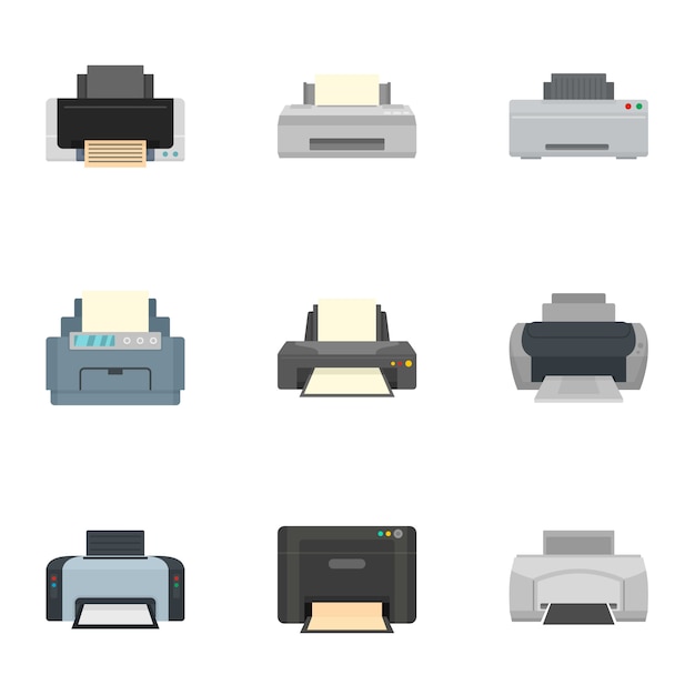 Home printer icon set, flat style