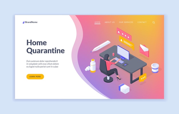 Vector home quarantine  isometric web banner landing page template