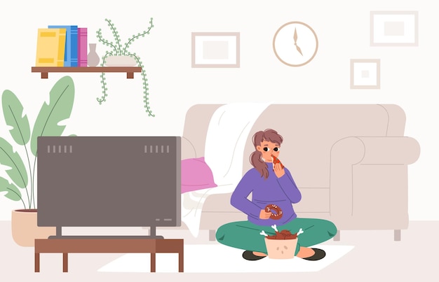 Home relaxation and watching TV Girl eating fast food pizza donut and chicken and watch show Weekend or vacations rest vector scene