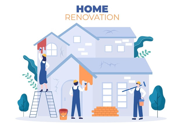 Vector home renovation or repair illustration with construction tools laying floor tiles and painting wall