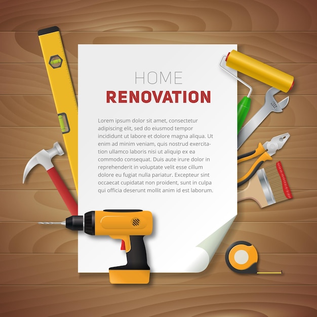 Vector home renovation template with realistic hand tools