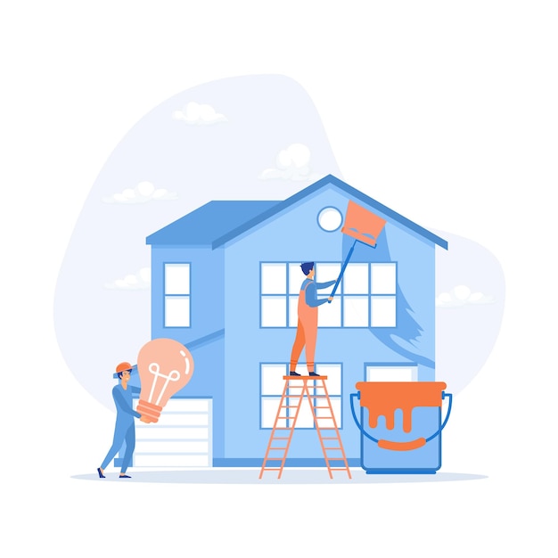 Home renovation workers repairman team building house lat vector modern illustration