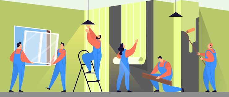 Вектор концепция ремонта дома. профессиональный работник в форме делает ремонт дома. строитель. иллюстрация