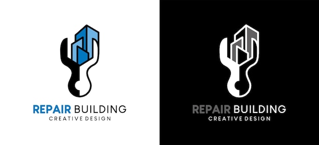 Home repair or home renovation logo with combination of wrench and building icon