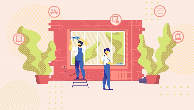 Vector home repair masters set up new windows in building