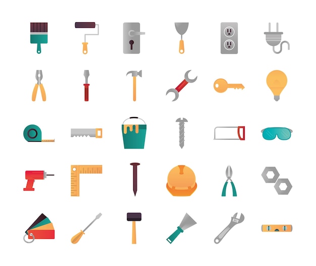 Home repair renovation tools and equipment icon set