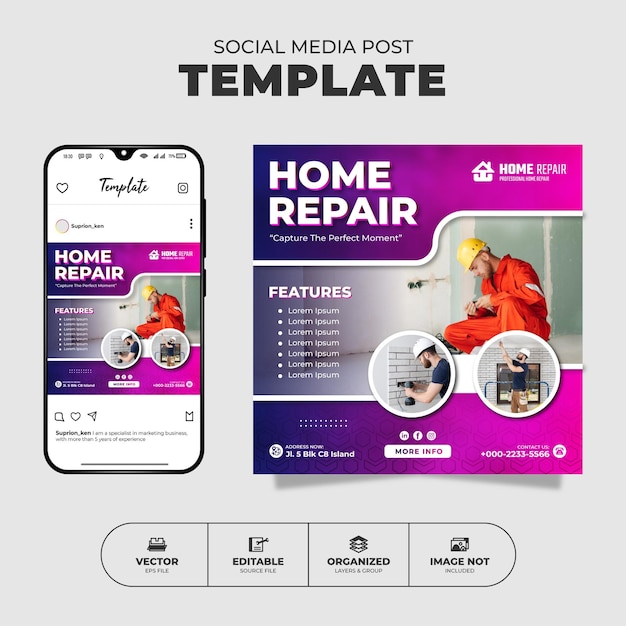家の修理ソーシャル メディア Instagram 投稿とプロモーション用バナー テンプレート