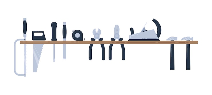 Vector home repair tool vector illustration set. carpentry tools on a shelf. vector illustration