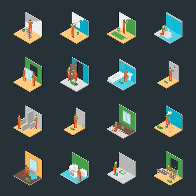 Home Repair Worker Mensen 3D Icons Set Isometrische weergave Vector