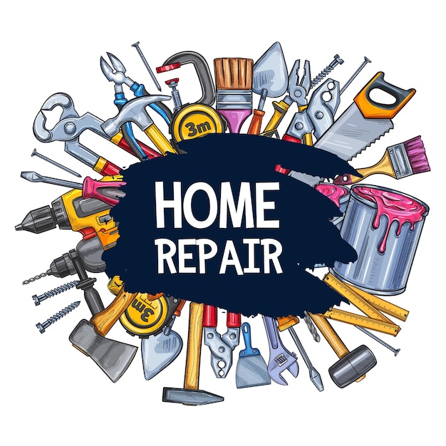 Vector home reparatie werk tools schets vector poster