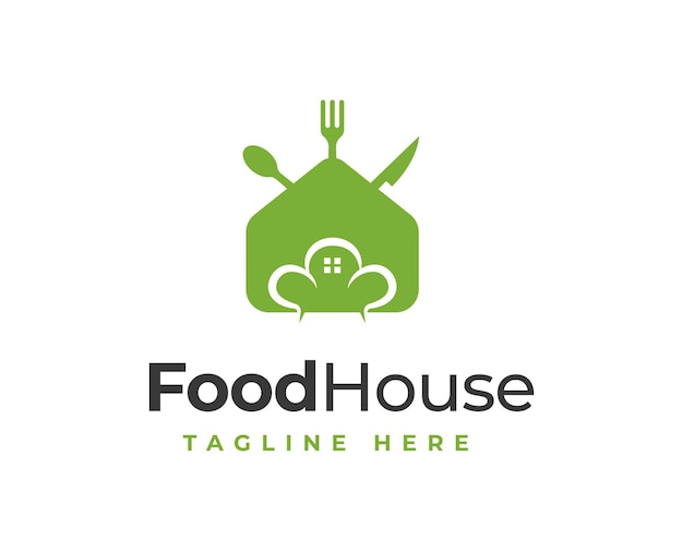 Disegno di logo dell'alimento del ristorante domestico con l'illustrazione dell'elemento della forchetta e del cucchiaio