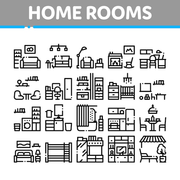 Home Rooms Furniture Collection Icons Set