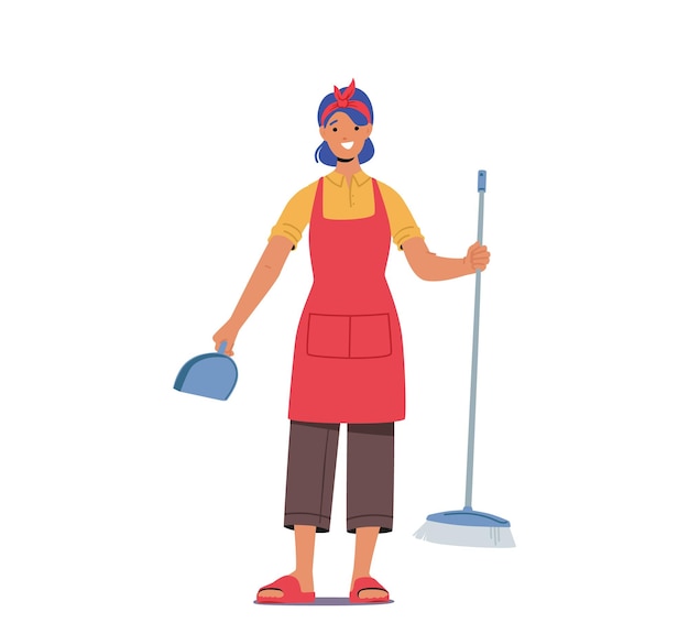 Home Routine Household Duties in Living Room Young Woman Doing Domestic Work Cleaning Floor with Brush and Scoop