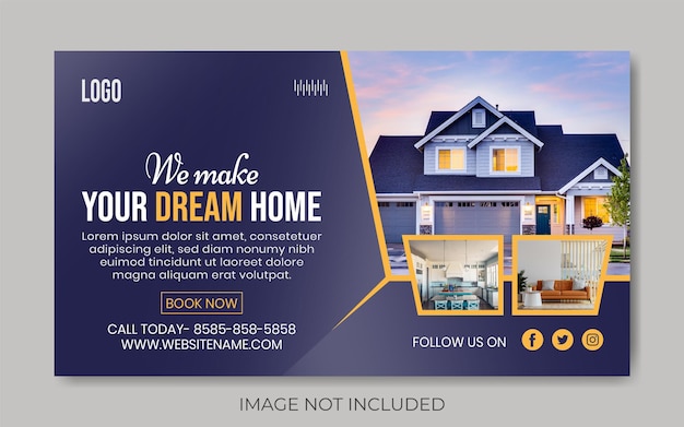 Home sale horizontal banner template. modern banner design with blue and yellow frame shape.