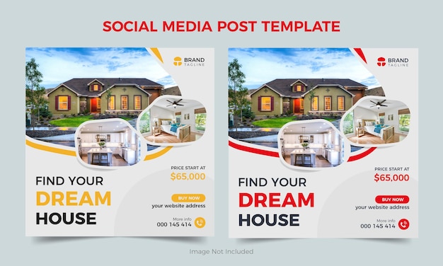 Progettazione di banner per la vendita di case o immobili, modello di banner quadrato rosso e giallo per la vendita di casa unica