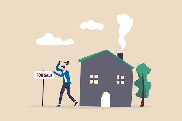 home for sale, selling house moving to new home concept, home owner hammer for sale sign in front of his house.