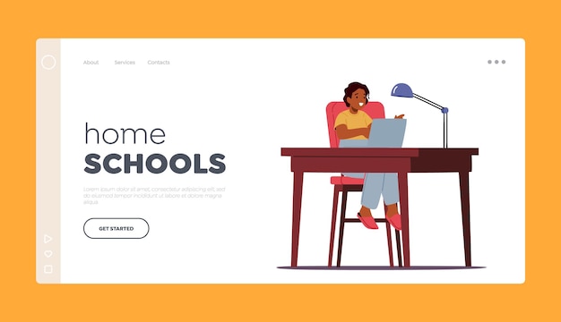 Vector home school landing page template african boy sit at desk with laptop learning classes watch webinar chatting