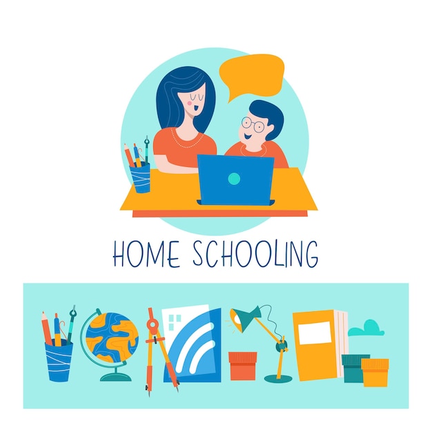 Vector home schooling. the concept of getting a good education at home.