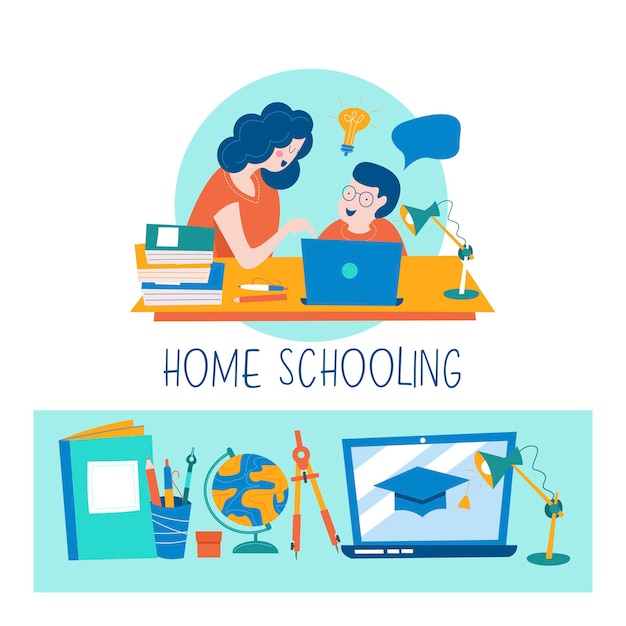 Vector home schooling. the concept of getting a good education at home.