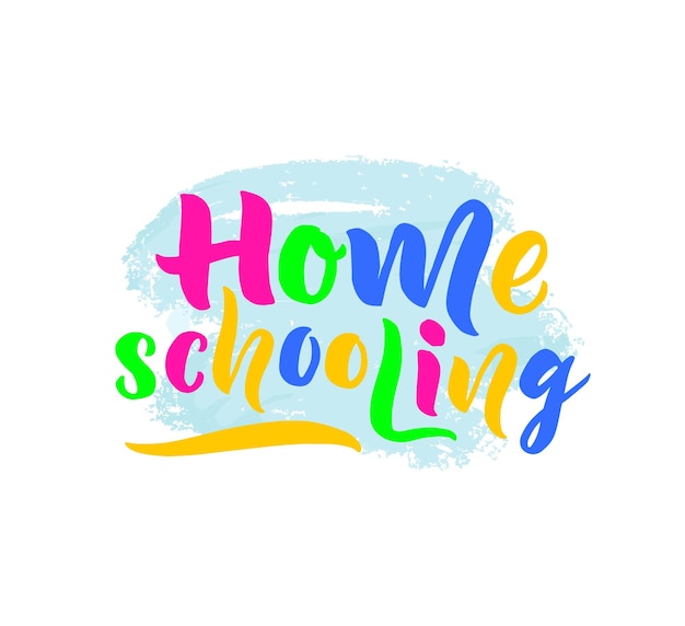 Home schooling hand brush lettering Colorful text On watercolor blue spot As logo of virtual school for children