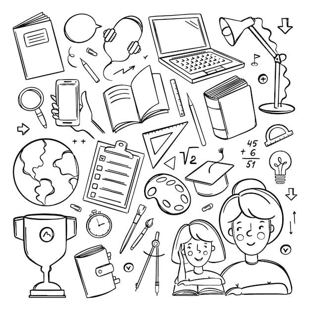 HOME SCHOOLING MONOCHROME Online Education Vector Object Set