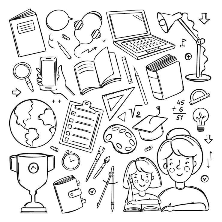 Vector home schooling monochrome online education vector object set