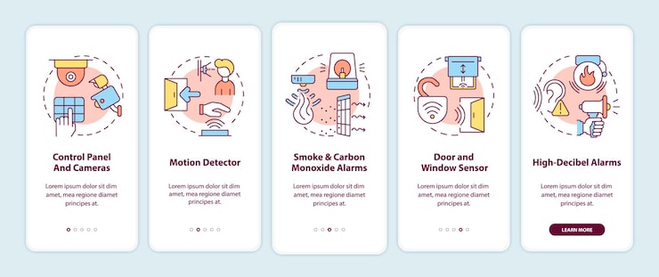 Vector home security system onboarding mobile app page screen. detectors and alarms walkthrough 5 steps graphic instructions with concepts. ui, ux, gui vector template with linear color illustrations