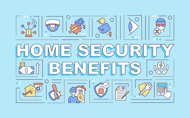 Home security voordelen woord concepten banner. Bescherm huis en gezin. Infographics met lineaire pictogrammen op blauwe achtergrond. Geïsoleerde creatieve typografie. Vector overzicht kleur illustratie met tekst