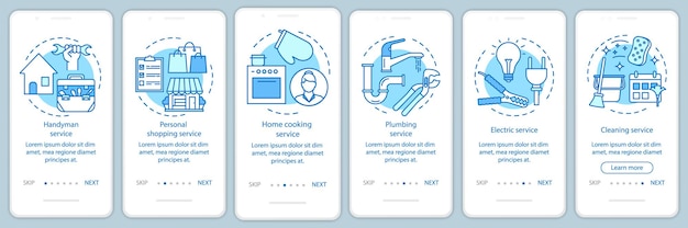 Schermata della pagina dell'app mobile di onboarding dei servizi domestici con concetti lineari. servizio tuttofare. istruzioni grafiche in sei passaggi. servizio di pulizia. modello vettoriale ux, ui, gui con illustrazioni