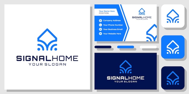 Home signal house tecnologia wifi internet network router logo design con modello di biglietto da visita