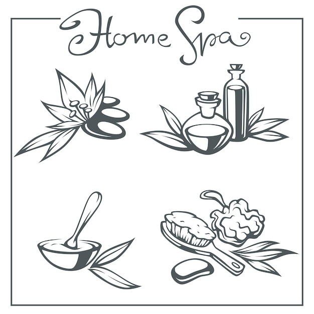 Home spa vector collection of beauty and spa accessories sign, icons, emblems and symbols