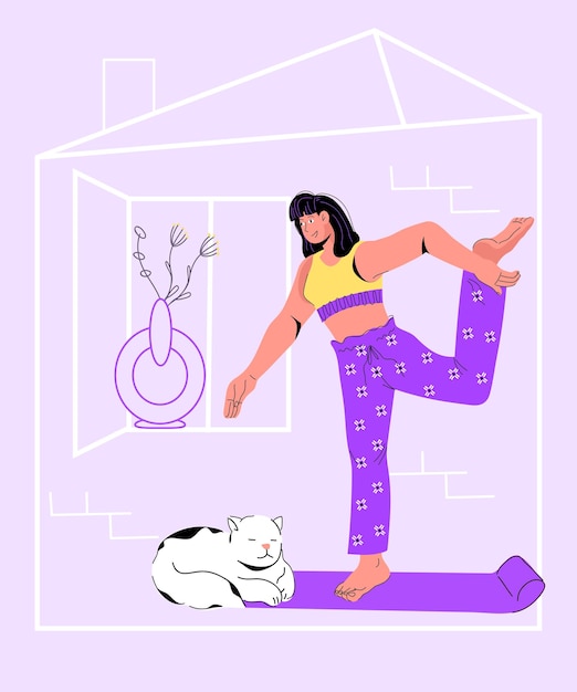 Concetto di banner o poster per lo sport e il fitness a casa con la giovane donna che si esercita a casa, illustrazione del fumetto vettoriale. allenamento di yoga fitness a casa di una giovane ragazza.