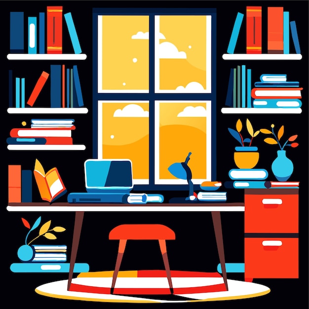 Sala da studio a casa con libri o tavolo da studio a domicilio con libri