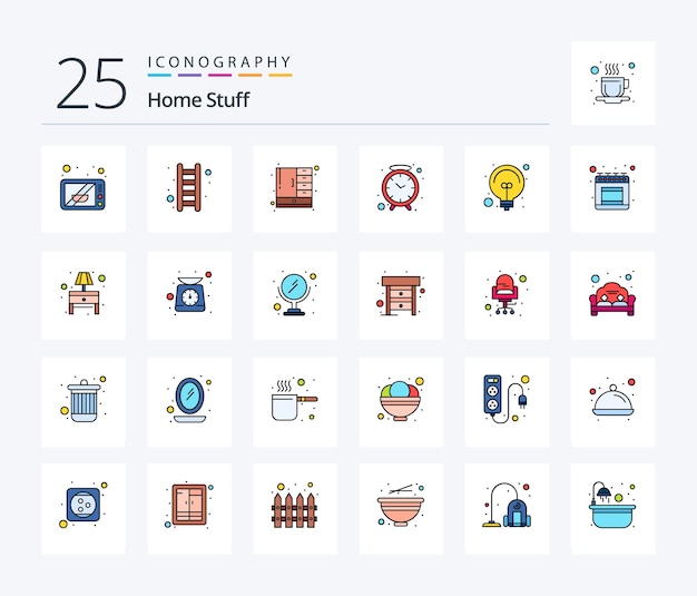 Home Stuff 25 Line Filled 아이콘 팩(팬시 라이트 캐비넷 시계 시계 포함)