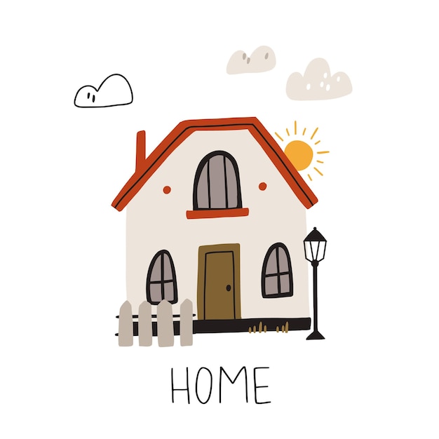 Home sweet home Decorative colorful house with trees cute hand drawn card print or poster Simple modern flat style buildings with hand written text Floral art for children with lettering